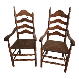 1960s Colonial Early American Ladderback Dining Arm Chairs- Set of 2 For Sale