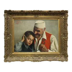 Antique Claudio Rinaldi Italian Portrait Painting of an Old Man and Boy