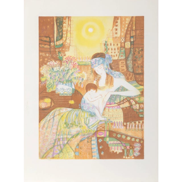 Portraiture Mother and Child, Heshi Yu Lithograph, Unsigned For Sale - Image 3 of 3