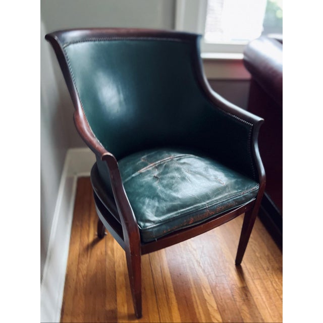 Midcentury Green Leather Club Chair With Nailhead Trim in the Style of Hickory Chair For Sale - Image 11 of 14