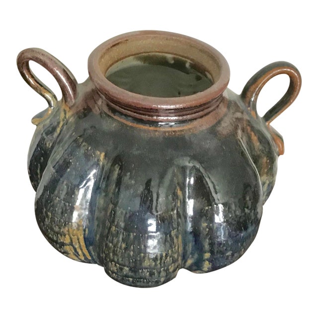 Vintage Blue Glaze Studio Vase With Handles For Sale