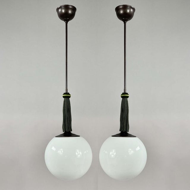 Opaline Glass and Burnished Brass Ball Pendants with Tassels, Germany, 1930s, Set of 2 For Sale - Image 4 of 17