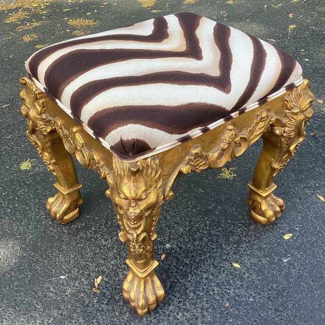 Mid 20th Century Mid 20th Century Hollywood Regency Giltwood Stool With Figural Carved Legs and Ralph Lauren Zebra Upholstery For Sale - Image 5 of 10