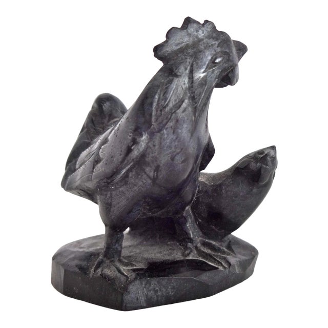 Mid 20th Century Antique Black Soapstone Carved Figurine of Rooster and Chicken For Sale