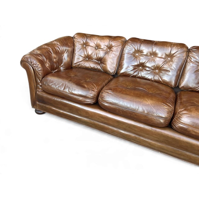 Vintage Chesterfield-Style Cognac Brown Leather Sofa With Button Tufting and Rolled Arms For Sale - Image 9 of 14