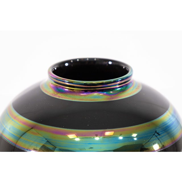 Late 20th Century Set of 4 Striped Iridescent Black Ceramic Vessels Contemporary Modern For Sale - Image 5 of 10