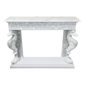 Neoclassical White Console Table With Silver-Gilt Carvings and Mythical Bird Supports