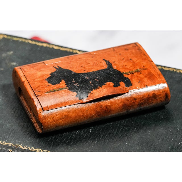 19th Century Fantastic Antique Handmade Burlwood Snuff Box Hand Painted Scottish Terrier Dog Top Tobacciana For Sale - Image 5 of 11