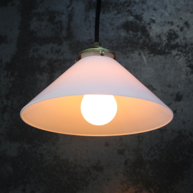 Metal Mid-Century French Opaline Glass and Brass Pendant Lamp For Sale - Image 7 of 9