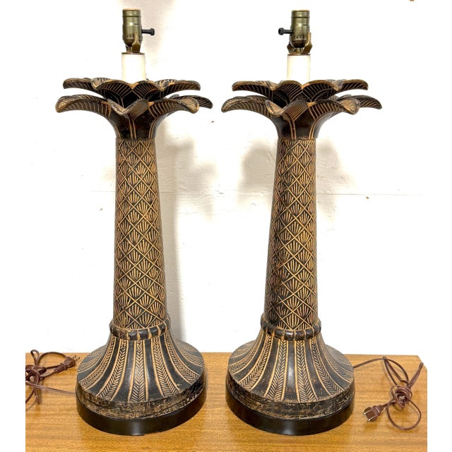 Late 20th Century Pair of British Colonial Style Bronze Palm Tree Lamps with Carved Tribal Motifs For Sale - Image 9 of 12