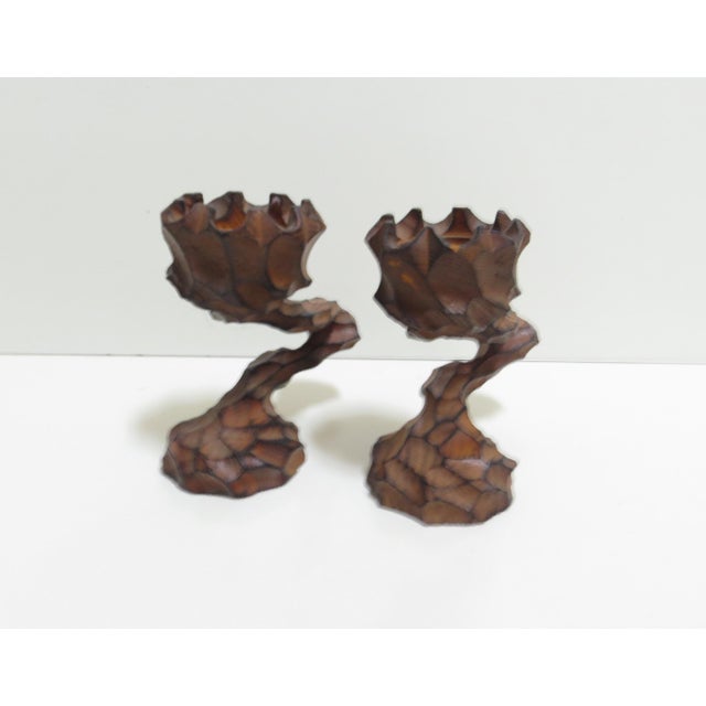 Brown Vintage German Brutalist Hand Carved Wooden Candle Holder - Set of 3 For Sale - Image 8 of 12