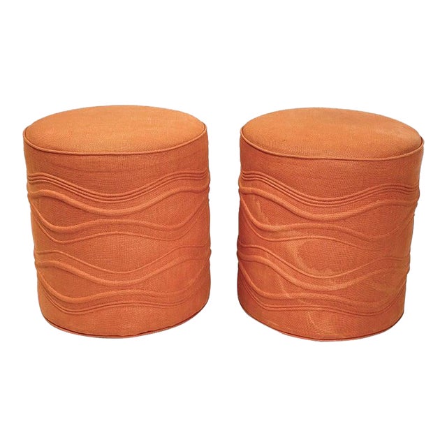 Pair of Cylindrical Swivel Ottomans in Orange For Sale