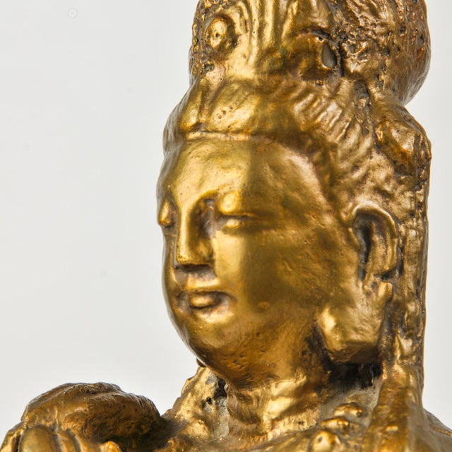 Vintage Statement Table Lamp Featuring Gold Guan Yin Figure and Capiz Shell Globe Shade For Sale - Image 12 of 17