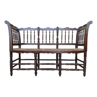 20th Century Catalan Bench in Solid Walnut with Caned Seat, Three Seats For Sale