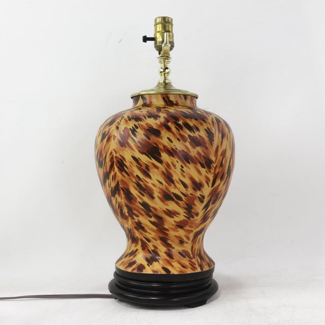 Pair of Vintage Hand Painted Yellow and Brown Tortoiseshell Pattern Porcelain Table Lamps With Wood Bases For Sale In New York - Image 6 of 13