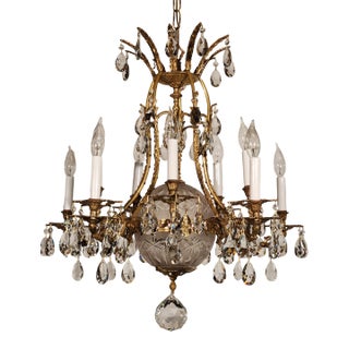 Antique 10 Arm 11 Lite Crystal Globe Empire Brass & Cut Lead Crystals Chandelier For Sale