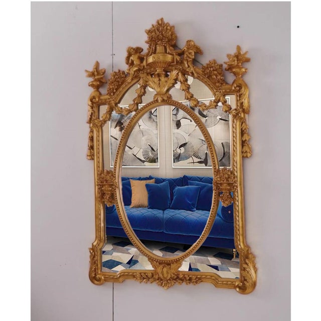 French Provincial Ornate Venetian-Style Gold Wood Mirror With Cherubs & Floral Carvings, 52.4" H For Sale - Image 3 of 3