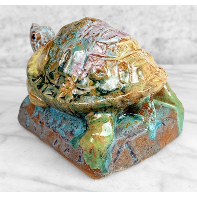 1970s Vintage 1970s Stoneware Drip Glazed Turtle Garden Sculpture For Sale - Image 5 of 11