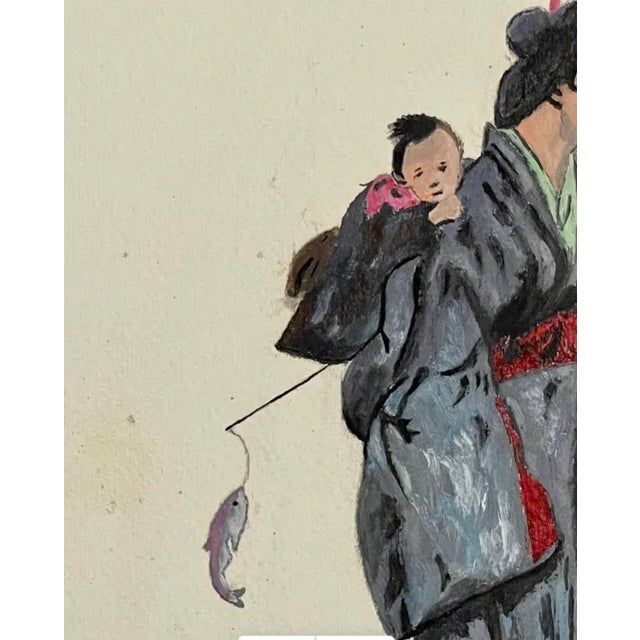 Wonderful Modern signed oriental watercolor Woman and Child with a fish Certificate of authenticity issued by Sabrina...