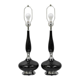 Vintage Mid Century Modern Black Glazed Ceramic & Chrome Table Lamps - A Pair For Sale