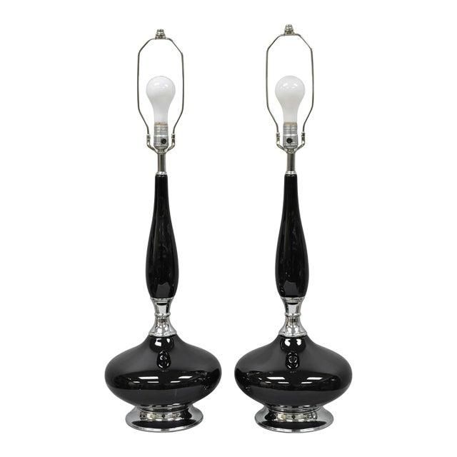 Vintage Mid Century Modern Black Glazed Ceramic & Chrome Table Lamps - A Pair For Sale