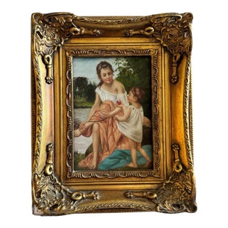 Antique French Oil on Panel Painting After François-Alfred Delobbe “Le Goûter Après Le Bain” in Ornate Gilt Frame For Sale