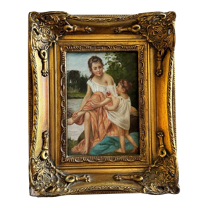Antique French Oil on Panel Painting After François-Alfred Delobbe “Le Goûter Après Le Bain” in Ornate Gilt Frame