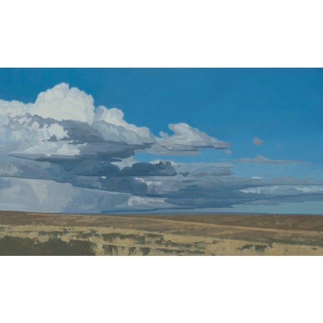 "Where It Gathers" is an oil on canvas landscape painting by Michael Magrin, completed in 2026. A long bank of clouds runs...