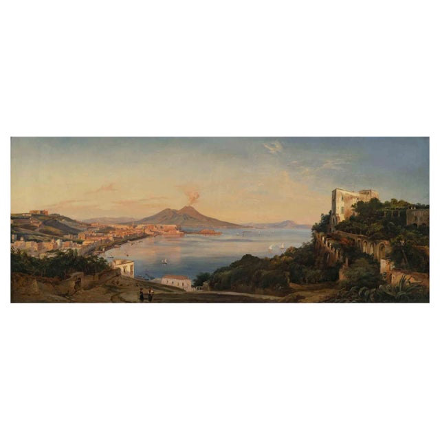 Ancient View of the Bay of Naples, Original Oil Painting, 19th-Century For Sale