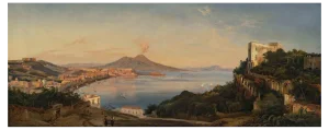 Ancient View of the Bay of Naples, Original Oil Painting, 19th-Century