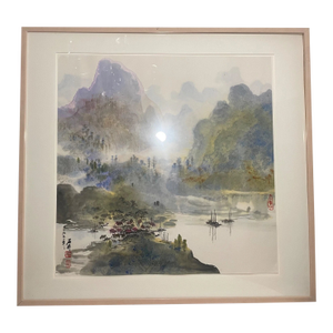 Large Vintage 1992 Original Chinese Ink Watercolor Mountain Landscape Painting