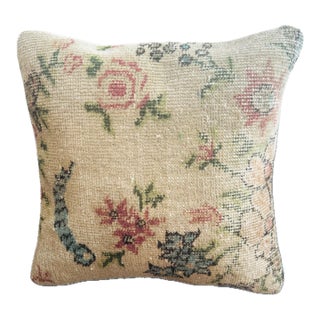 Vintage Isparta Turkish Rug Pillow Cover | Floral Wool Cushion Cover 16x16 | Handmade Boho Throw Pillow | Hidden Zipper For Sale