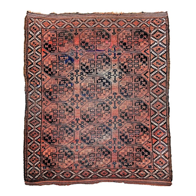 Vintage Turkmen Ersari in Allover Geometric Pattern in Red, Blue, Navy For Sale
