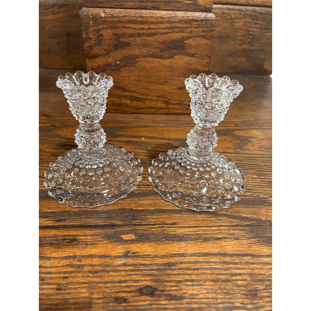 1950s Pair of Duncan & Miller Hobnail Pressed Glass Candle Stick Holders For Sale - Image 5 of 8