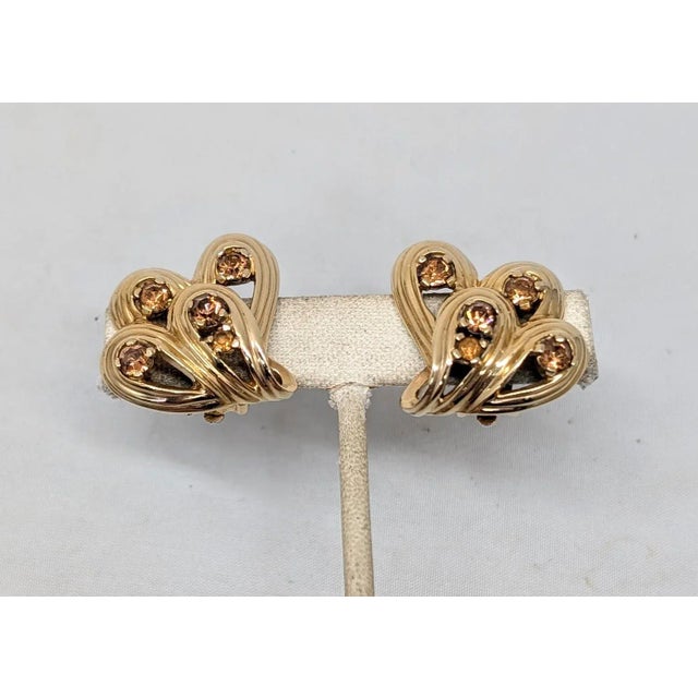 1960s Vintage 1960s Signed Jomaz Goldtone Faux-Topaz Clip Earrings-2 Pieces For Sale - Image 5 of 9