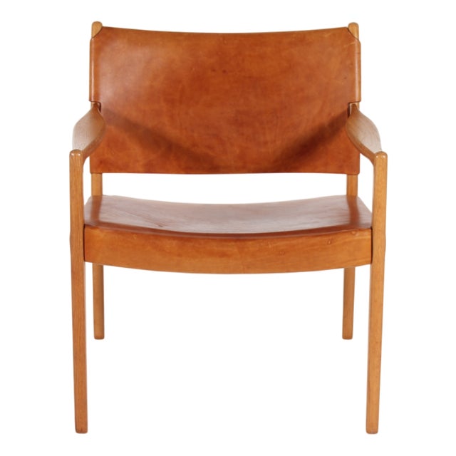 Per-Olof Scotte Premiär Easy Chair in Oak with Cognac Color Core Leather from Mobel Ikea, Sweden, 1969 For Sale