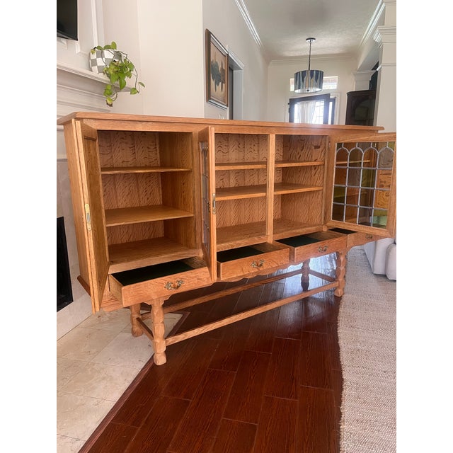 Mid-Century Modern Mid-Century Danish Oak Leaded Stained Glass Sideboard For Sale - Image 3 of 9