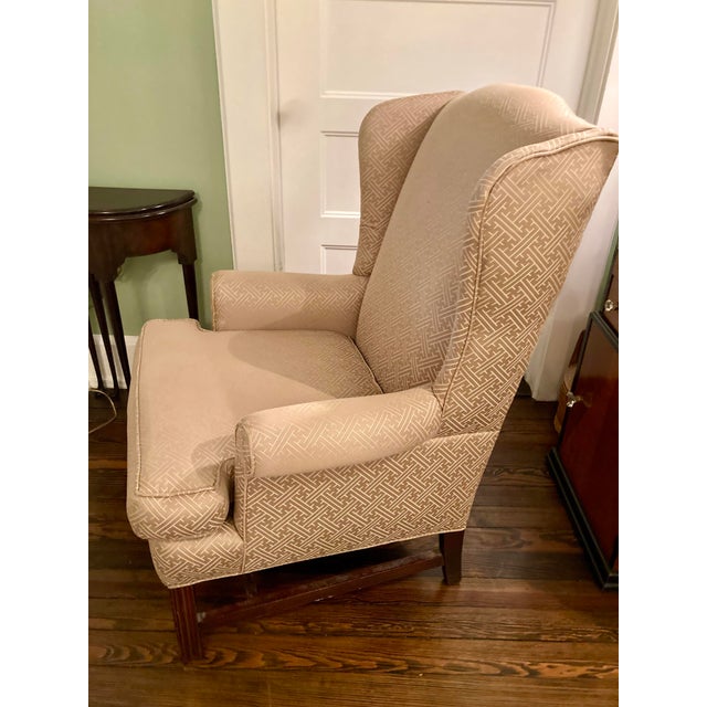 Queen Anne Vintage Wingback Chair in Neutral Geometric Print For Sale - Image 3 of 9