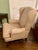 Queen Anne Vintage Wingback Chair in Neutral Geometric Print For Sale - Image 3 of 9
