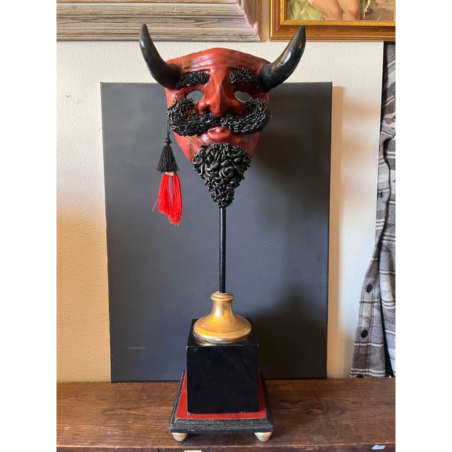 1900 - 1909 Rare Vintage Decorative Hand Carved & Painted Sculptural Display Mask Representing a Devil For Sale - Image 5 of 13