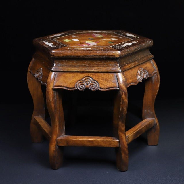 Chinese Vintage Chinese Huali Rosewood Mother-of-Pearl Inlaid "Fish & Lotus" Hexagonal Stool For Sale - Image 3 of 10