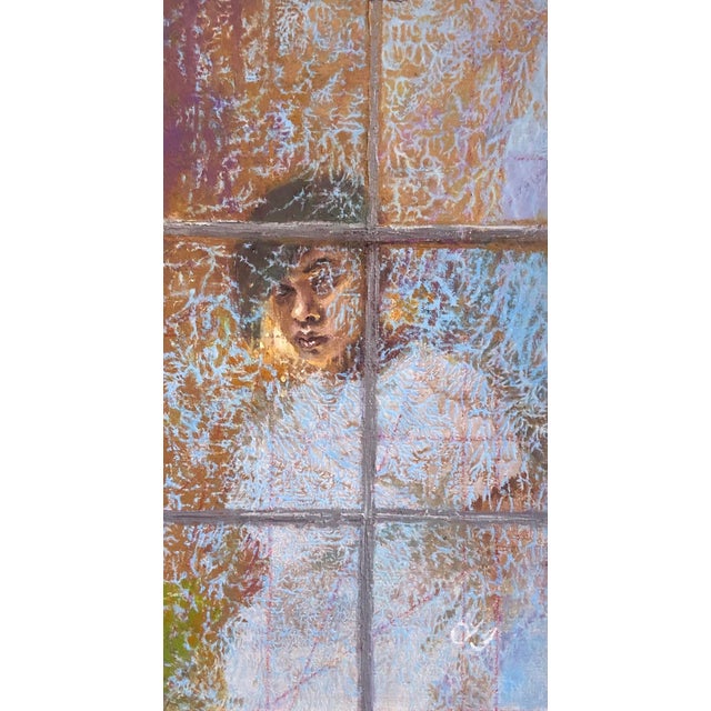 Frozen Lightning by Lisa Fricker | Oil on Board Portrait of a young person behind a frosted window. For Sale