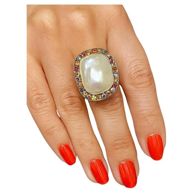 Bochic “Orient” Vintage Multi Sapphire & White Pearl Ring Set 18K Gold & Silver For Sale In New York - Image 6 of 11