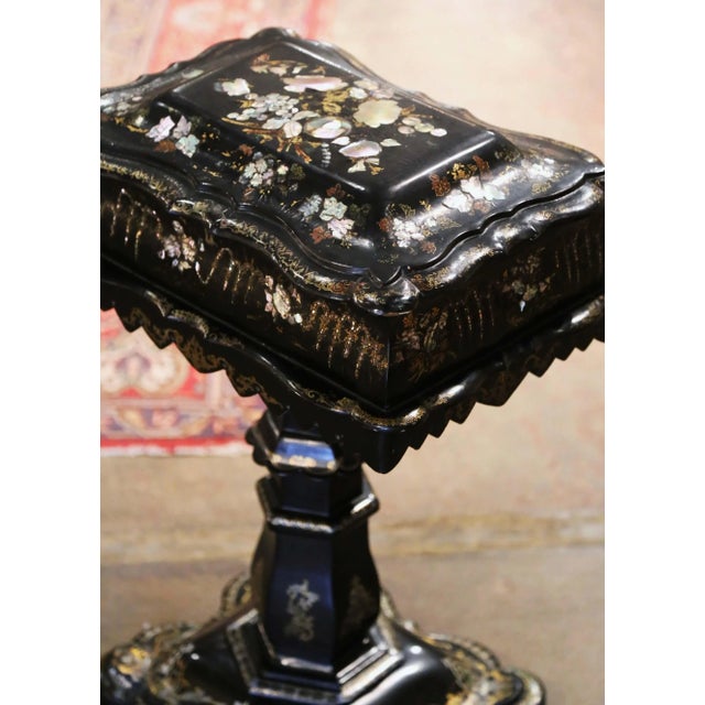 Victorian 19th Century English Victorian Papier-Mâché Sewing Table With Pearl Inlay For Sale - Image 3 of 13