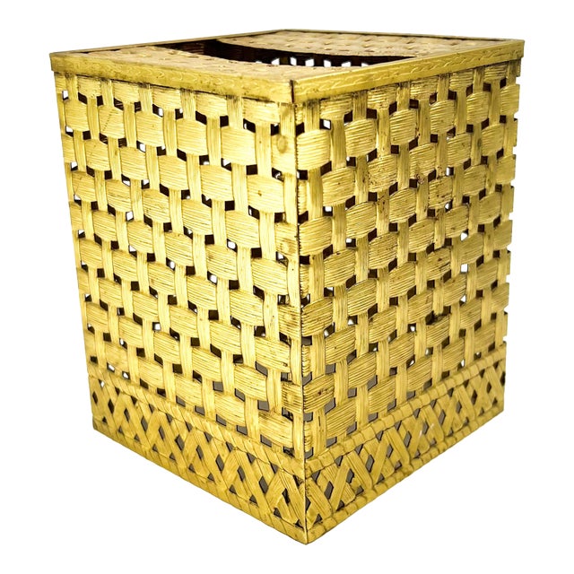 Vintage Ormolu Gold-Tone Metal Basketweave Tissue Box Cover – Hollywood Regency / Italian For Sale