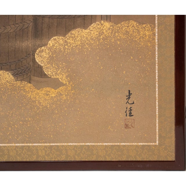 "Sake Brewery", Heisei Era Japanese Yamato-E Byobu Screen For Sale - Image 14 of 18