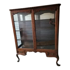 Antique Queen Anne Style Mahogany Glass Vitrine Display Cabinet