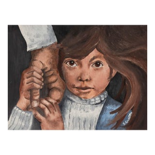 Signed Child Holding Hands Oil, 20th Century For Sale
