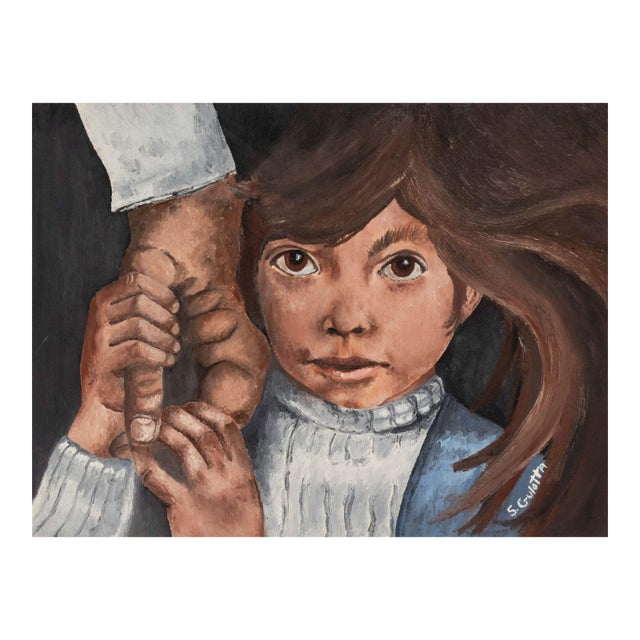 Signed Child Holding Hands Oil, 20th Century For Sale