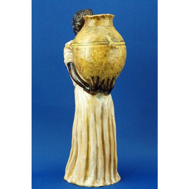 Ceramic 20th Century Majolica Ceramic Sculpture of Woman with Vase from Tanagra Rome, Italy For Sale - Image 7 of 18